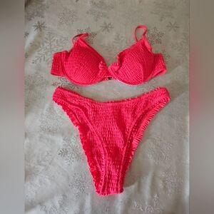 Pink Bikini Swim Set Ruched Underwire Padded SZ L NWOT